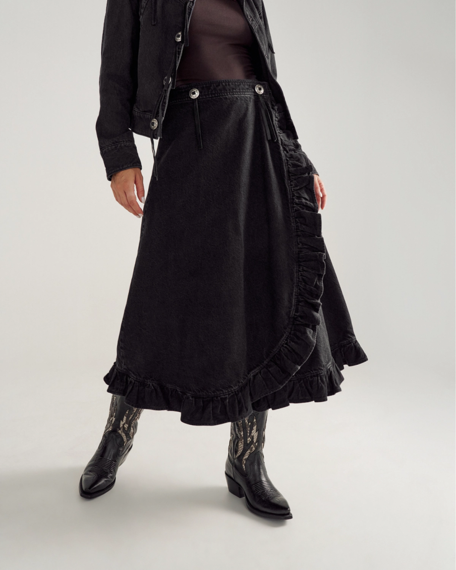 Front view of Women's Rodeo Maxi Denim Skirt - Black on model