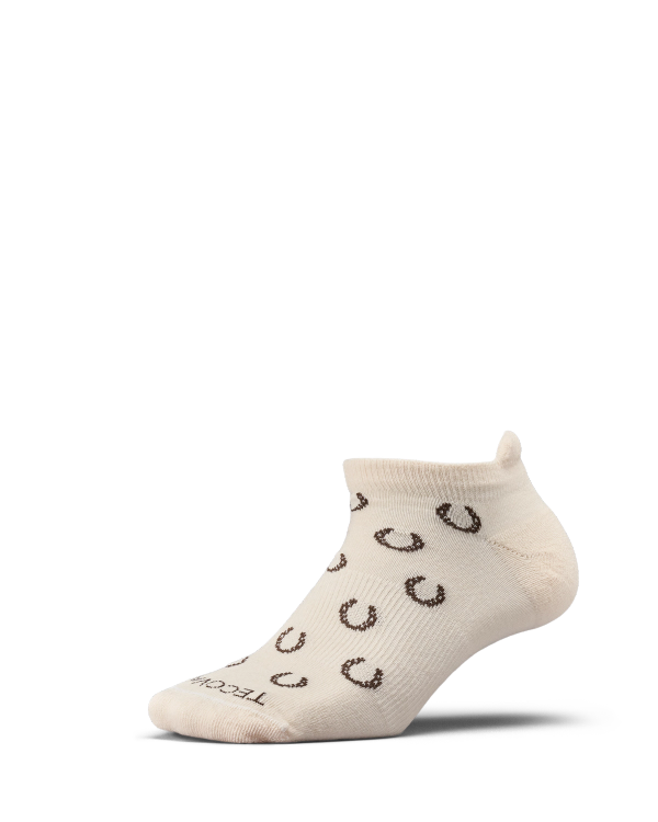 Beige ankle sock with a black horseshoe pattern, displayed on a white background.