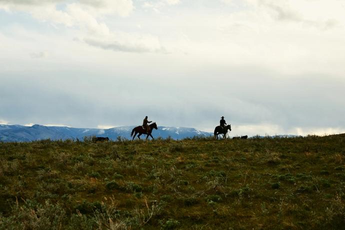 two men on horses in the distance