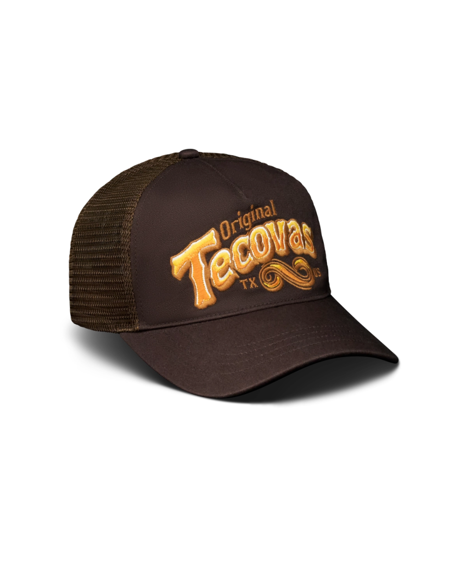 Quarterfront view of Original Tecovas 5 Panel Low Pro Trucker - Dark Brown on plain background