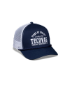 Quarterfront view of Stand By Quality 5-Panel High Pro Trucker - Navy on plain background