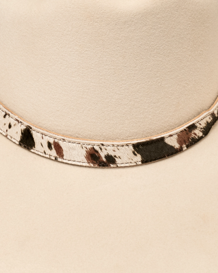 Closeup view of Hair on Hide Buckle Hat Band - Brown Multi