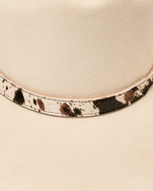 Closeup view of Hair on Hide Buckle Hat Band - Brown Multi