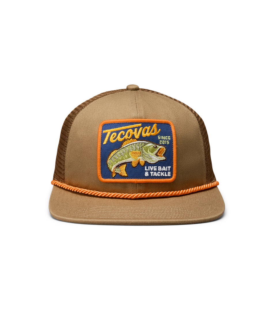Front view of Live Bait and Tackle Flat Brim Trucker - Moss Brown on plain background