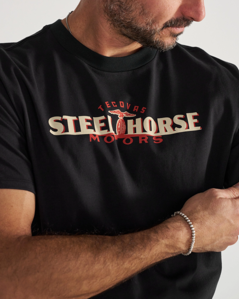 Closeup detail view of Men's Steel Horse Motors T-Shirt - Black/Multi