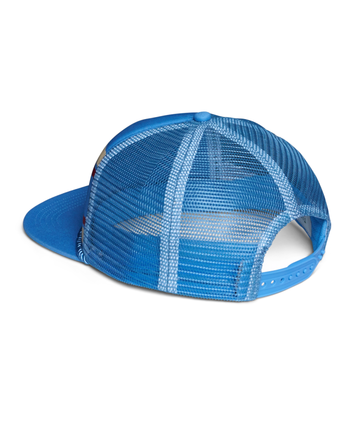 Quarterback view of Retro 5-Panel High Pro Flat Brim Trucker - Blue on plain background