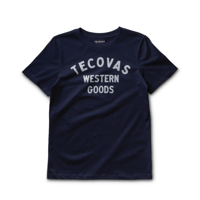 Front view of Women's Western Goods Tee - Navy/Bone on plain background