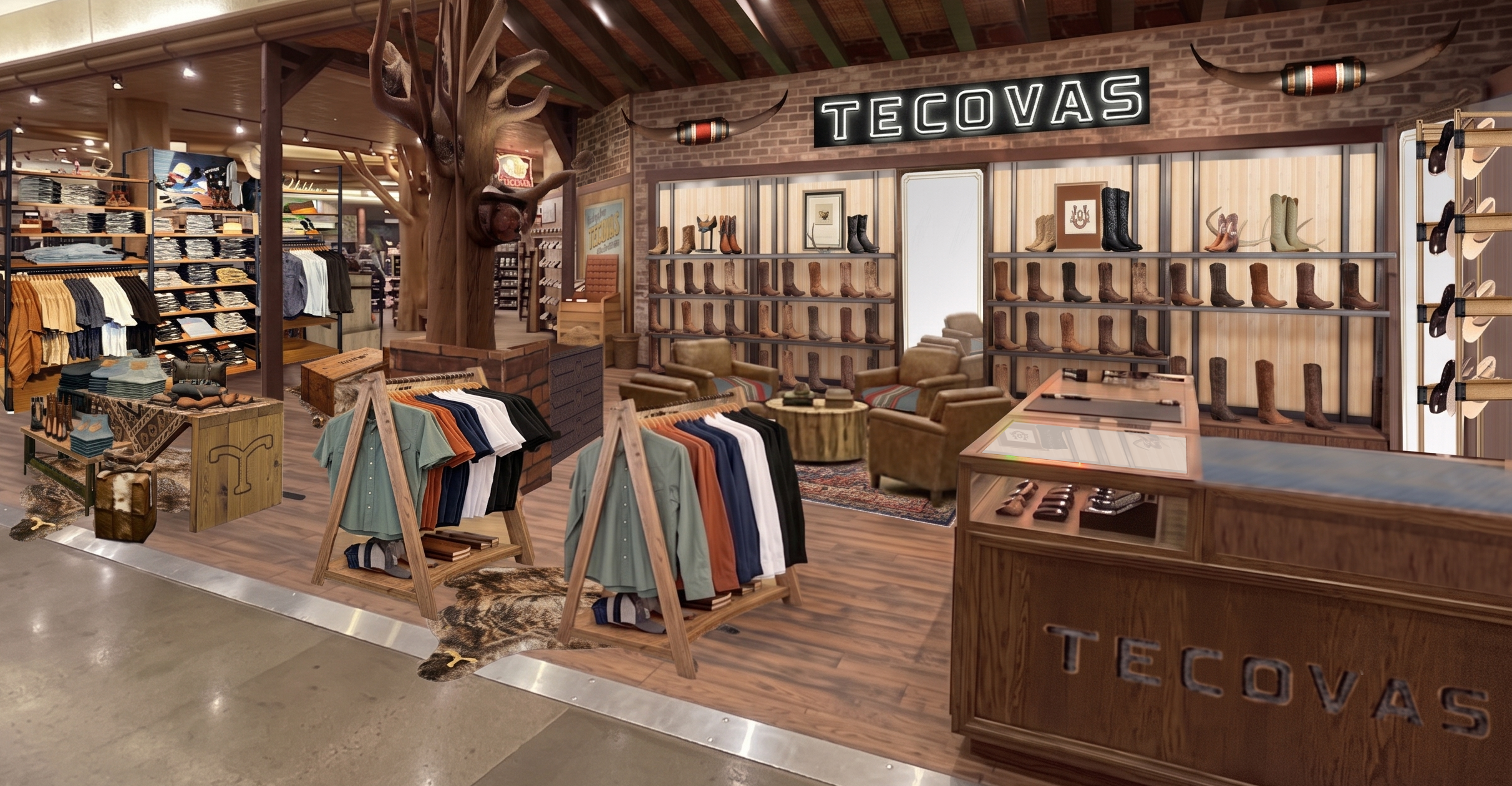 Tecovas store display with shelves of cowboy boots, racks of folded shirts, wooden decor, and a counter, set in a well-lit retail environment.