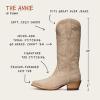 Diagram of the Annie in Fawn showing it's unique design details - Fits great over jeans | soft, cozy suede, seven row tonal stitching, signature toe stitching, fashion forward snip toe