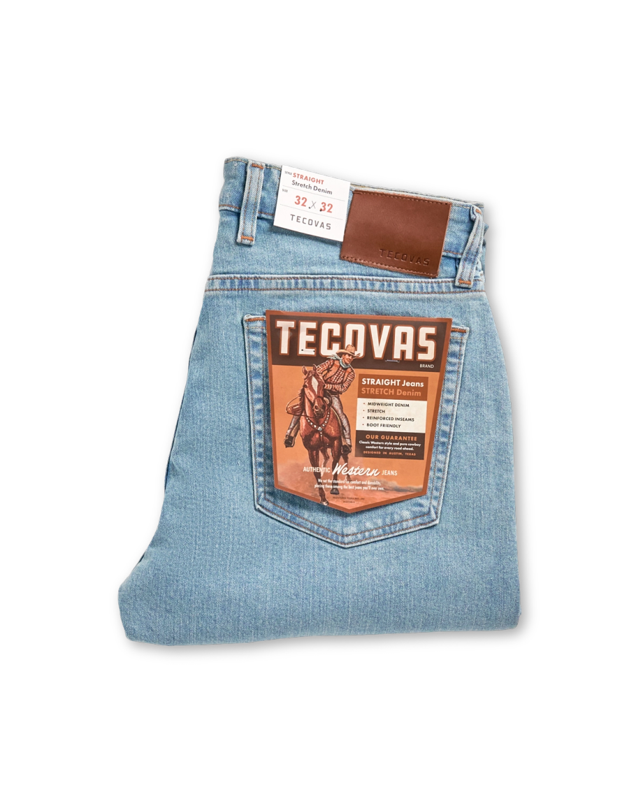 Folded view of Men's Straight Stretch Denim - Light Stone Wash on plain background
