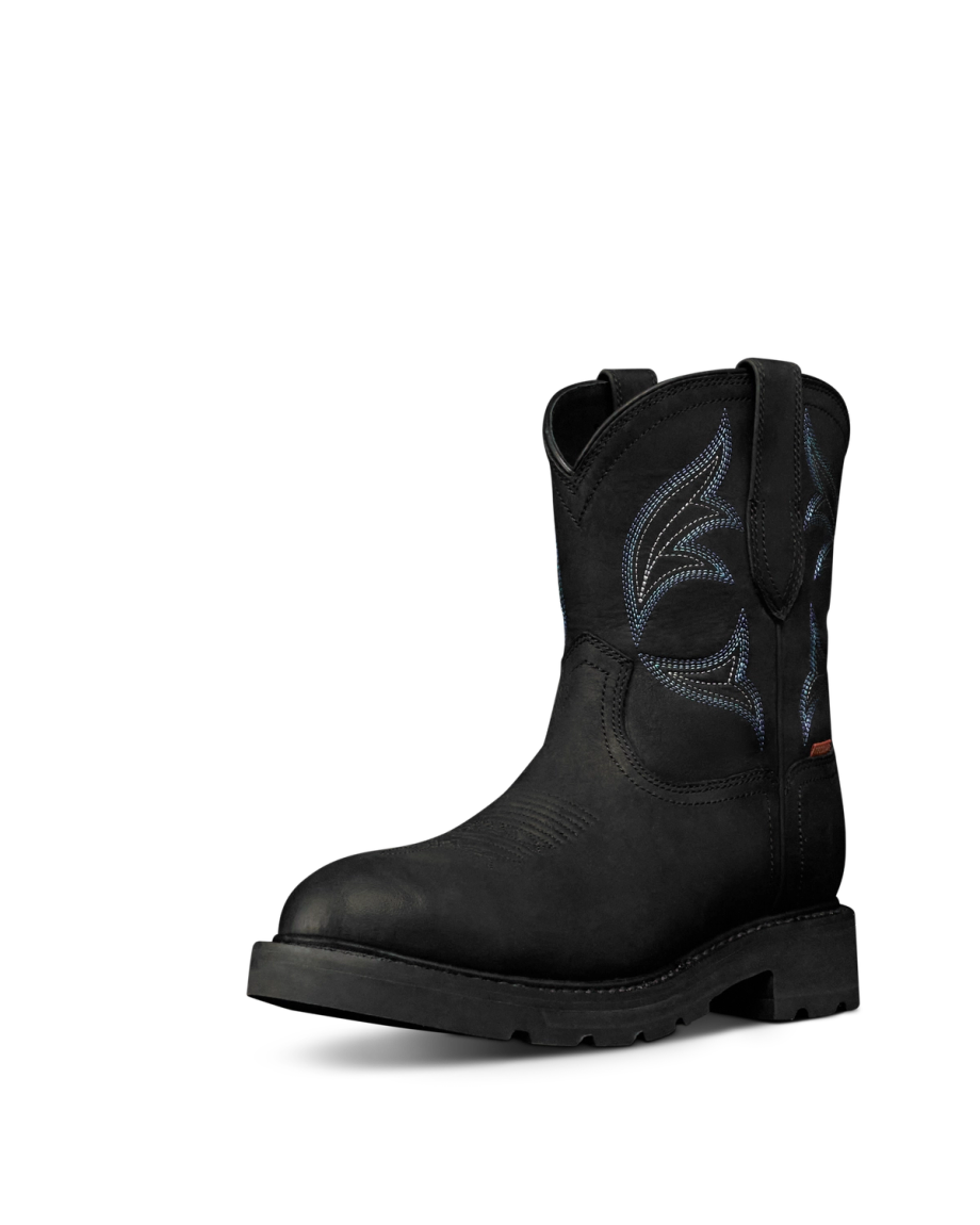 Quarterfront view of The LH WP Round Comp Toe Work Boot - Midnight Cowhide on plain background