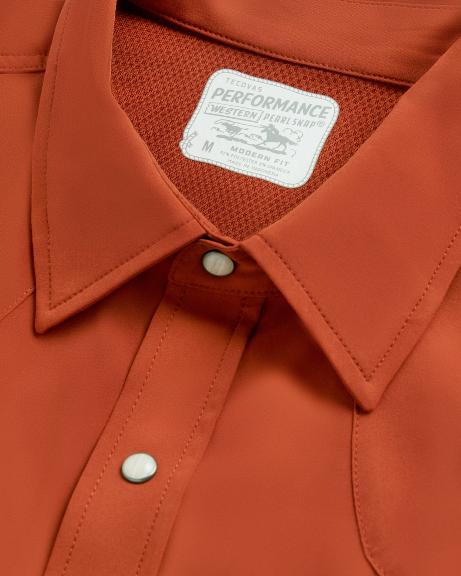 Closeup detail view of Men's Performance Western Pearl Snap SS - Orange Rust