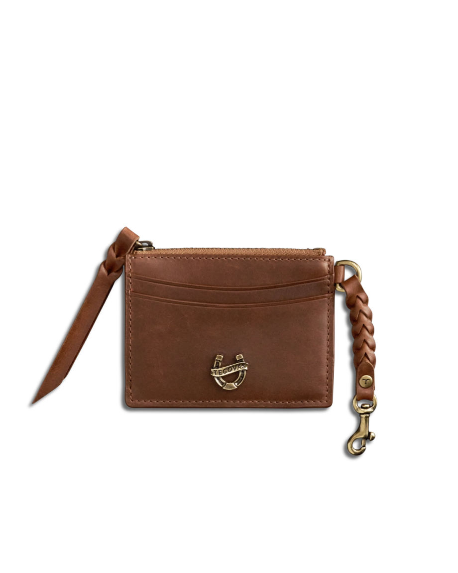 Front view of Women's Keychain Card Case - Saddle on plain background