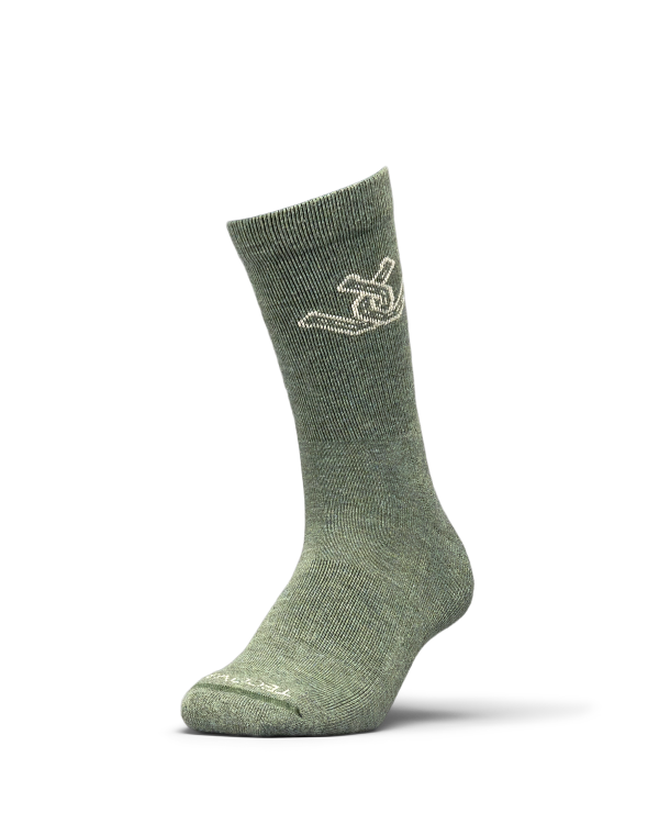 A single olive green sock stands upright on a plain white background, featuring a white embroidered design near the top.
