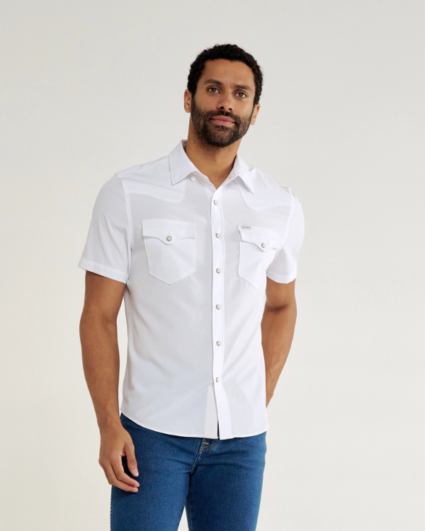 Closeup detail view of Men's Performance Western Pearl Snap SS - White