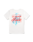 White t-shirt with red text reading "Tecovas Rodeo Let Freedom Ride Austin, TX USA" and a blue graphic of a bronc rider in the background.