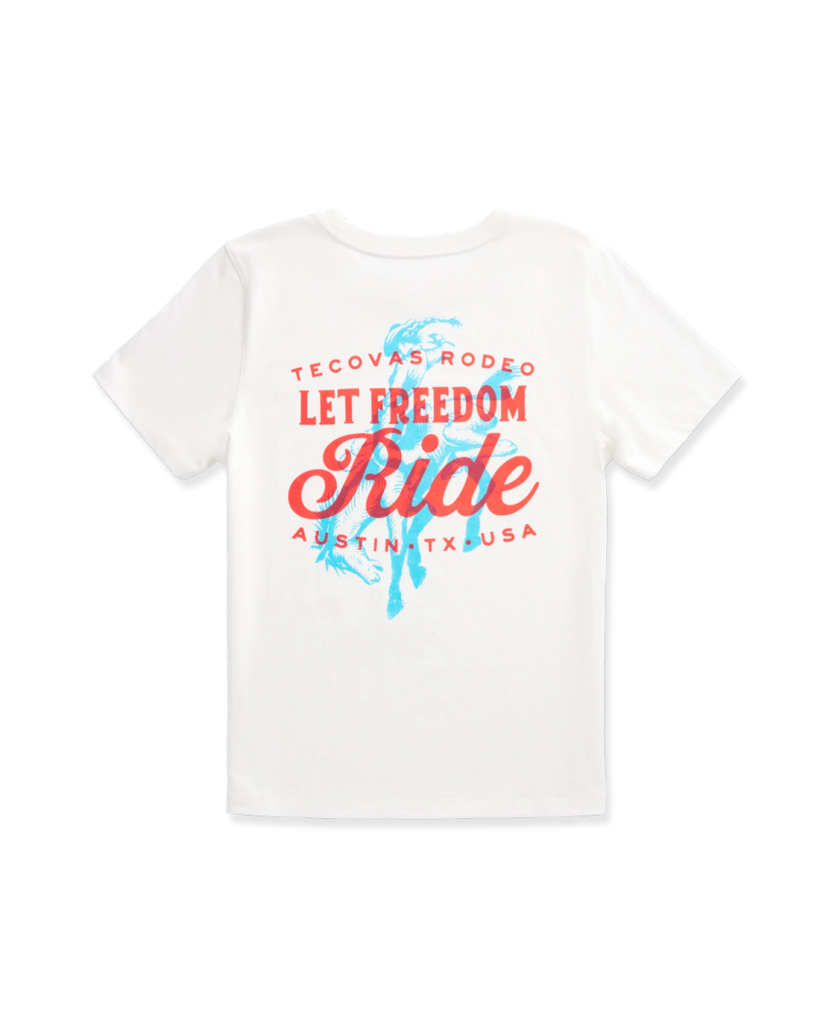 White t-shirt with red text reading "Tecovas Rodeo Let Freedom Ride Austin, TX USA" and a blue graphic of a bronc rider in the background.