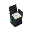 An open black box containing a book with an illustrated cover featuring a person. The box has a green label and white interior padding.