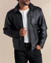 Front view of Men's Western Leather Moto Jacket - Black on model