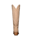 Back view of a beige cowboy boot with decorative stitching on the shaft, against a black background.
