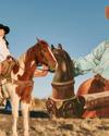 Image of cowgirl on a horse with illustrated vintage cowgirl image behind her