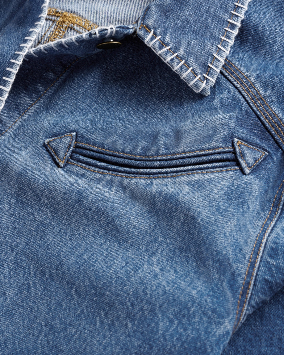 Closeup view of Women's Denim Chore Jacket - Medium Wash