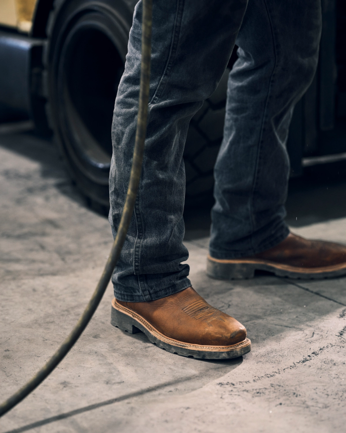 Toe view of LongHaul Waterproof Square Composite Toe Work Boot - Saddle / Fossil on plain background