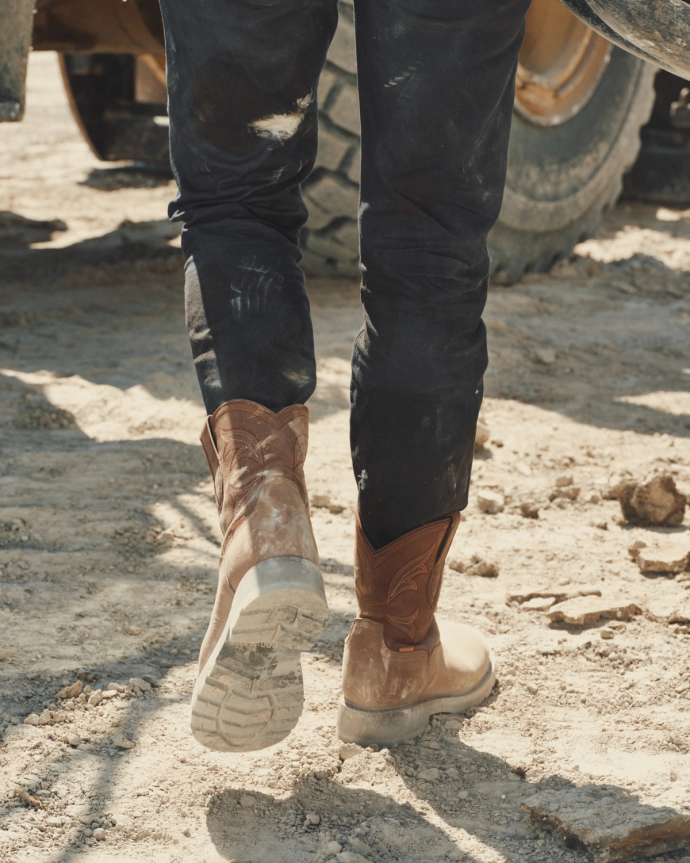 Toe view of The LH WP Round Comp Toe Work Boot - Tan / Cafe Cowhide on plain background