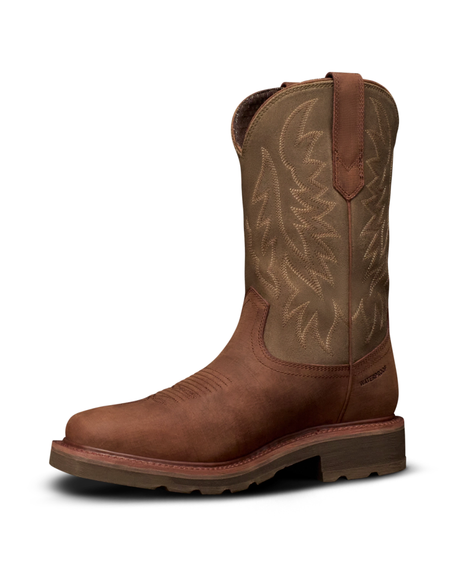 Quarterfront view of LongHaul Waterproof Square Soft Toe Work Boot - Rust Cowhide on plain background