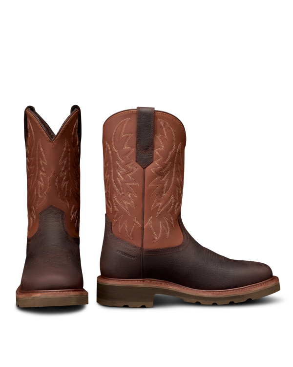 Pair view of LongHaul Waterproof Square Soft Toe Work Boot with Temp Control - Dark Chocolate/Clay Cowhide on plain background