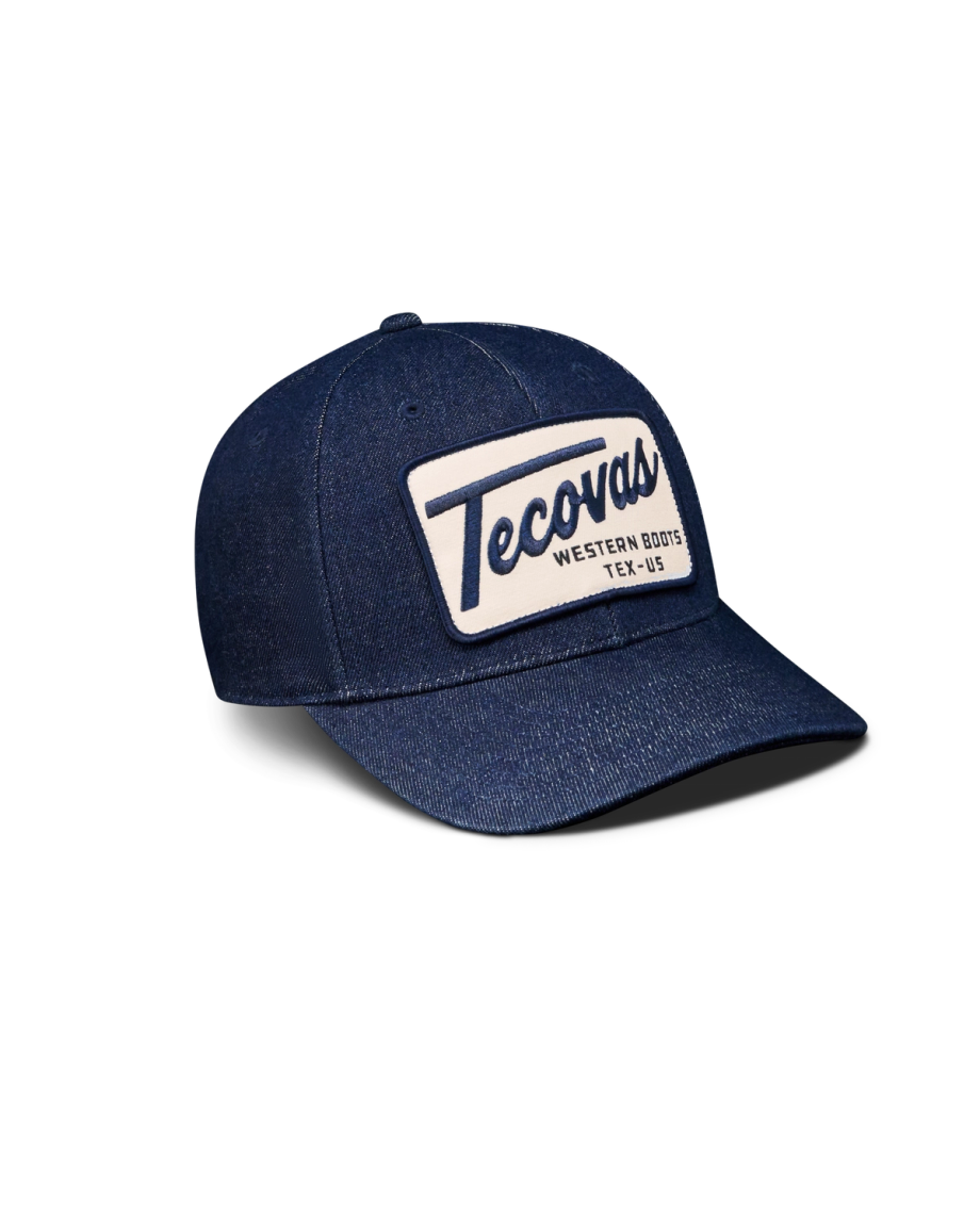 Quarterfront view of Tecovas Denim 6 Panel Mid Profile Hat - Dark Blue on plain background