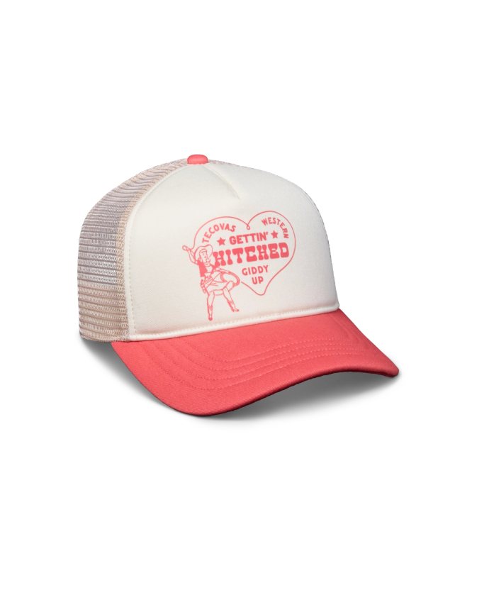 Quarterfront view of Gettin' Hitched Trucker - White / Orange on plain background