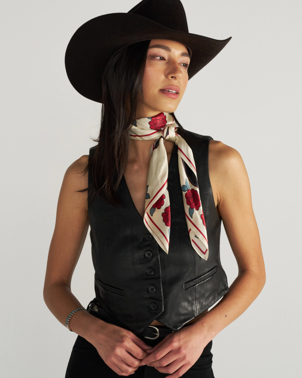 Front view of Horseshoes and Roses Wild Rag - Multi on model