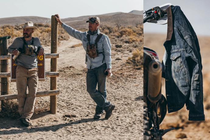 split image of two cowboys on the left, and a Tecovas Denim Jacket hanging on a dirt bike on the right