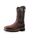 LongHaul Waterproof Square Composite Toe Work Boot in Tobacco / Black Cowhide. Brown leather cowboy boot in Tobacco / Black cowhide with a black upper, red and white stitching, round pull holes, and a rubber sole, shown against a plain black background.