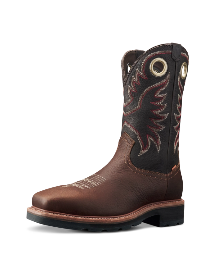 LongHaul Waterproof Square Composite Toe Work Boot in Tobacco / Black Cowhide. Brown leather cowboy boot in Tobacco / Black cowhide with a black upper, red and white stitching, round pull holes, and a rubber sole, shown against a plain black background.