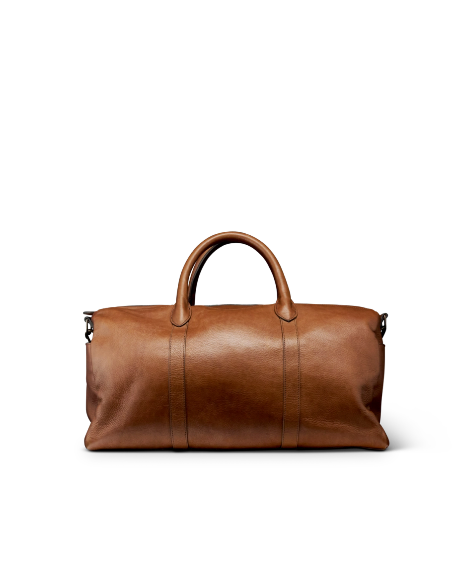 Back view of Lightweight Leather Duffle - Heritage Tan on plain background