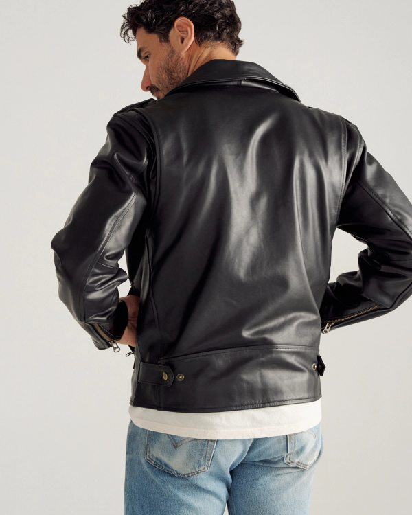 Back view of Men's Leather Biker Jacket - Black on model