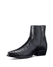 A black leather ankle boot with a reptile scale texture on the toe and heel, featuring a side zipper and a low stacked heel.