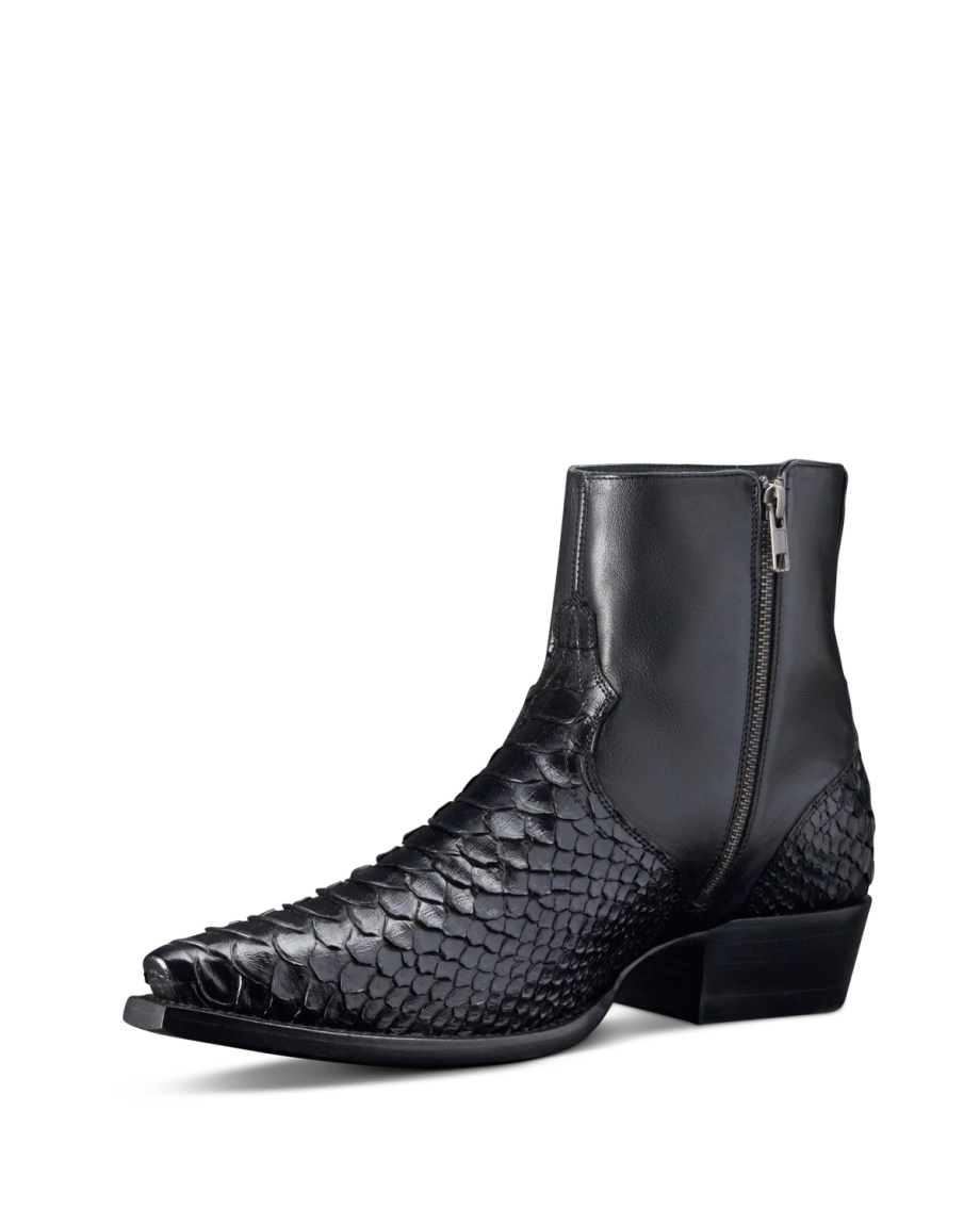 A black leather ankle boot with a reptile scale texture on the toe and heel, featuring a side zipper and a low stacked heel.