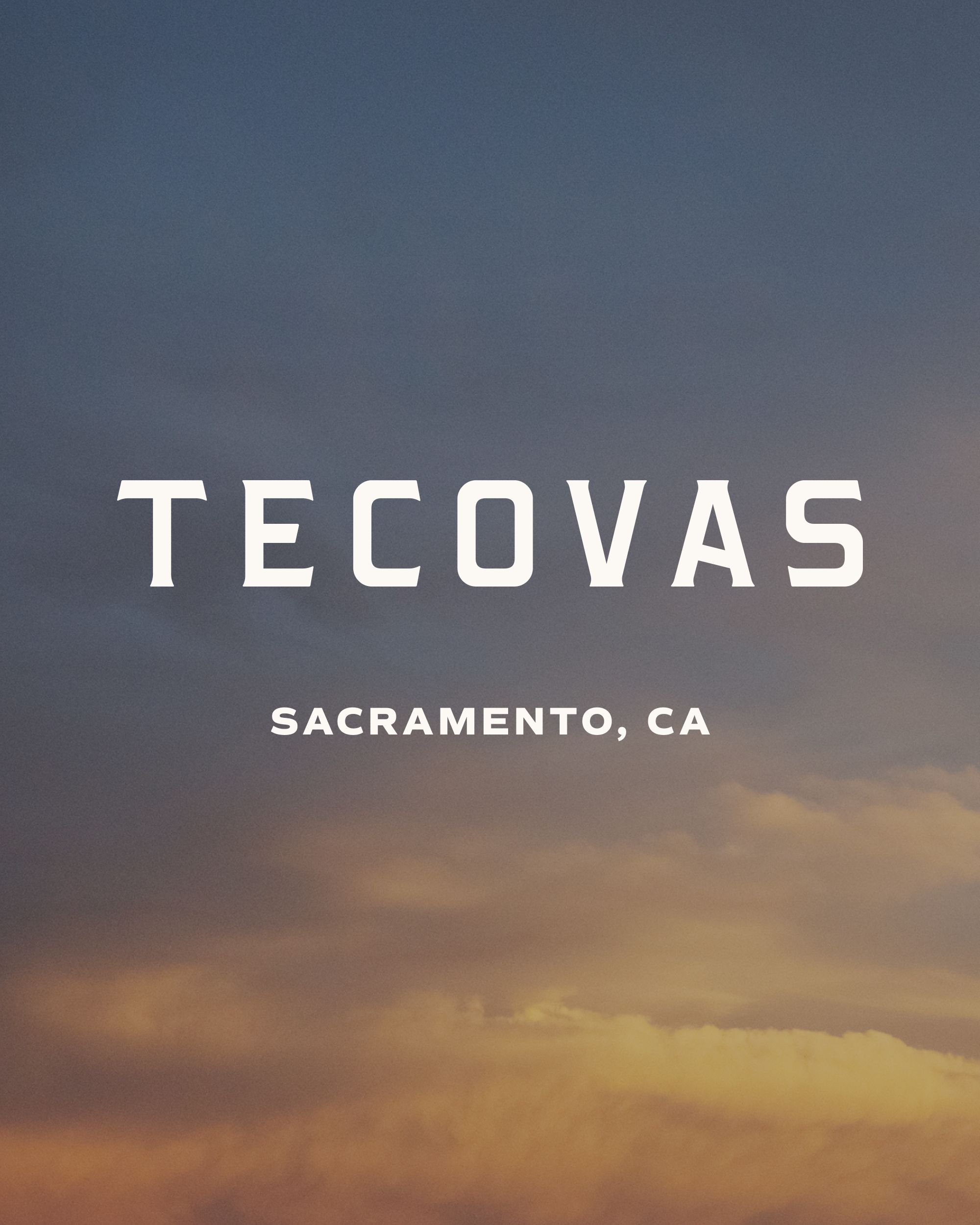 The image displays the text "Tecovas Sacramento, CA" over a background of a sunset sky with clouds.