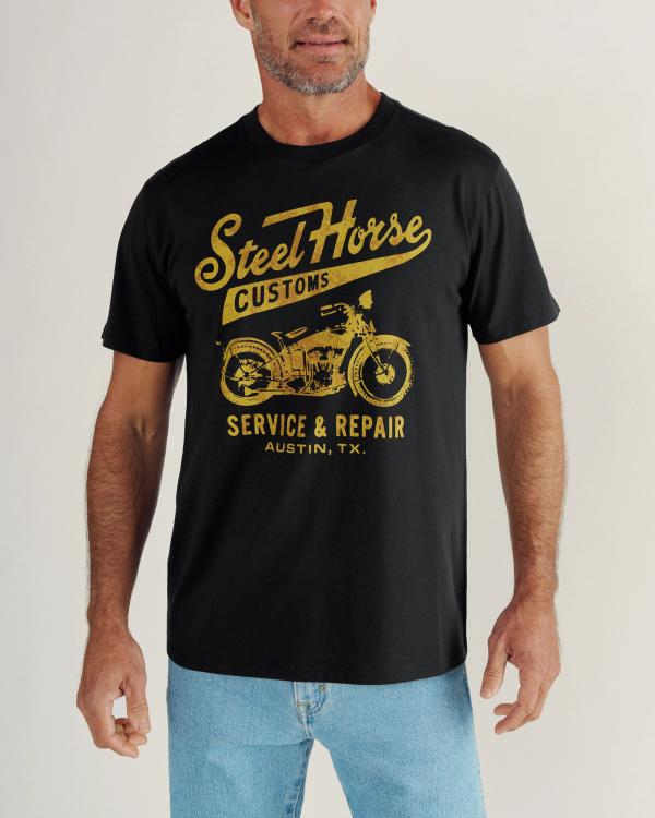 Front view of Men's Steel Horse Tee - Black / Gold on model
