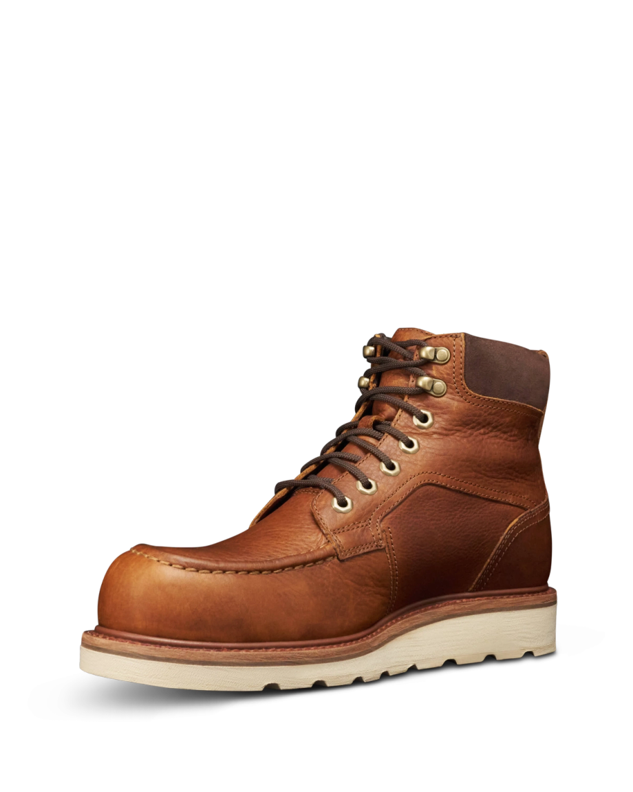 Quarterfront view of The LH WP Moc Comp Toe Work Boot - Saddle Cowhide on plain background