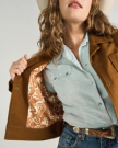 Closeup detail view of Women's Moleskin Pearl Snap Jacket - Camel