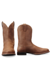 The Glen in Khaki Cowhide. A pair of brown cowhide leather cowboy boots, one facing forward and one showing a side view, both with low heels and pull tabs.