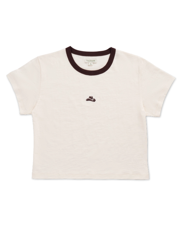 White short-sleeve ringer t-shirt with black collar trim and a small embroidered sneaker design on the chest.