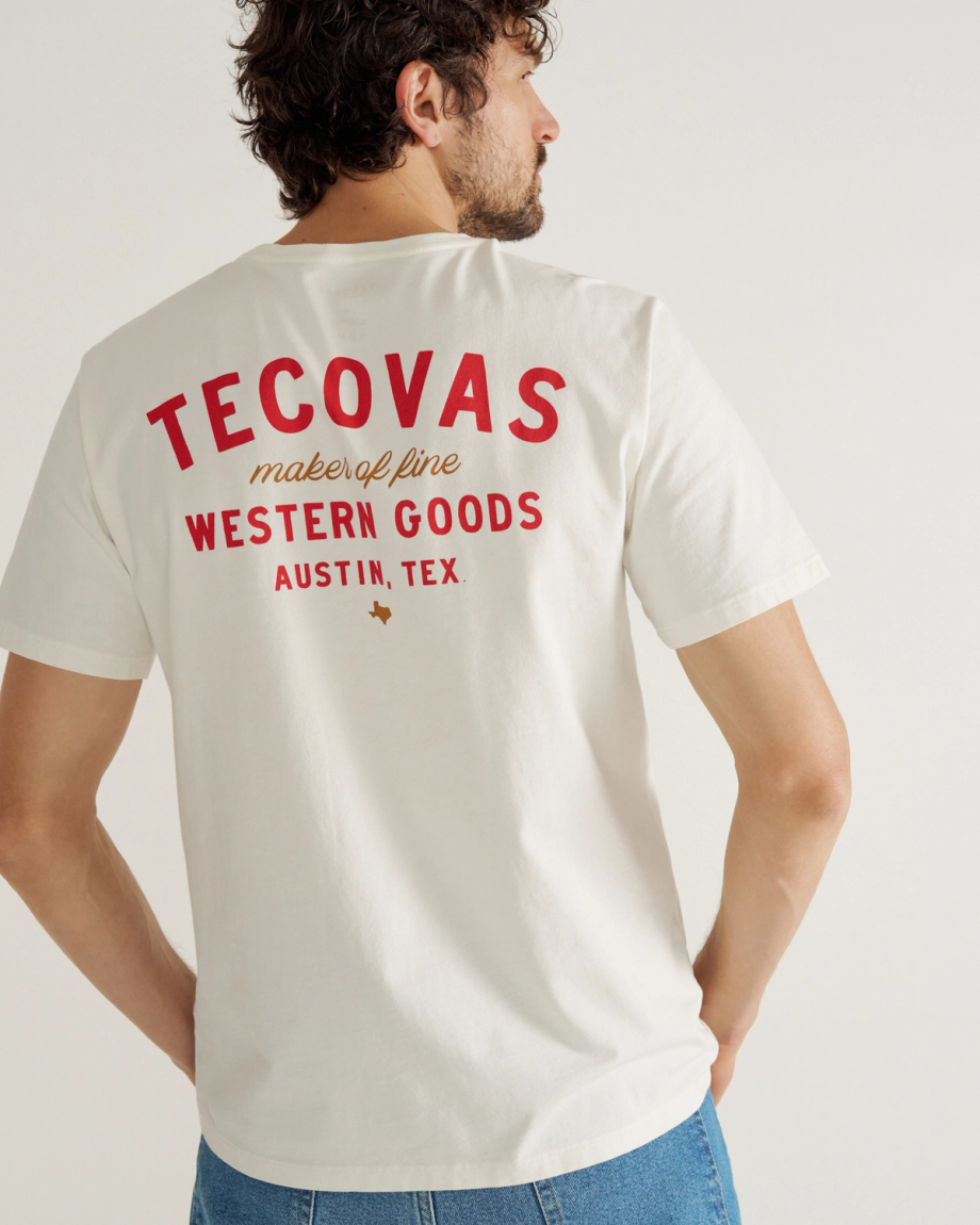 Closeup detail view of Men's Fine Makers Pocket Tee - Bone / Red