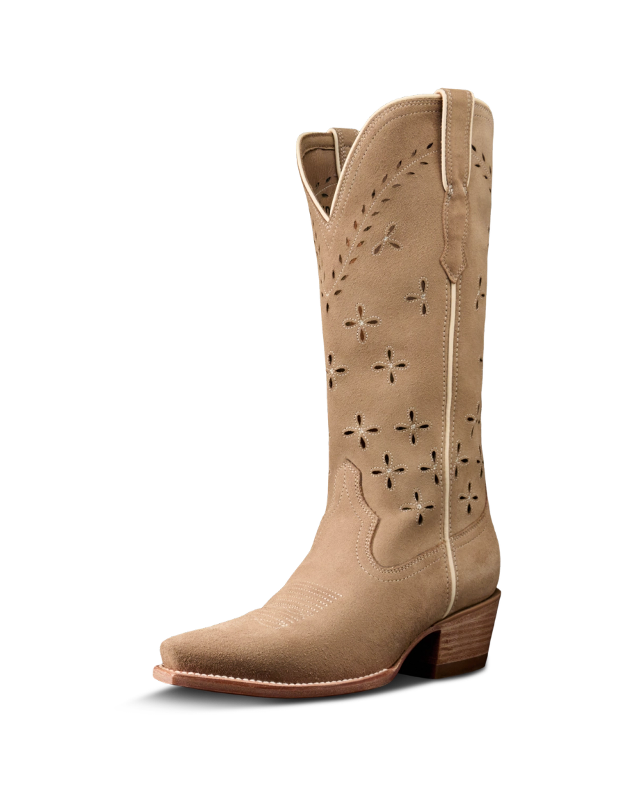 Quarterfront view of The Annie Eyelet - Taupe Roughout on plain background