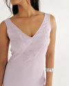 Front view of Women's Embroidered Slip Dress - Lilac on model