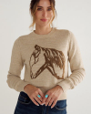 Front view of Women's Horse Crew Neck Sweater - Oatmeal on model